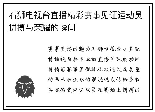 石狮电视台直播精彩赛事见证运动员拼搏与荣耀的瞬间